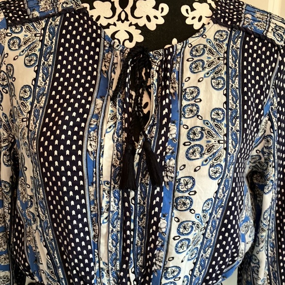 Fun black & white, white & blue & black, blue, white & black patchwork boho top - Picture 2 of 16